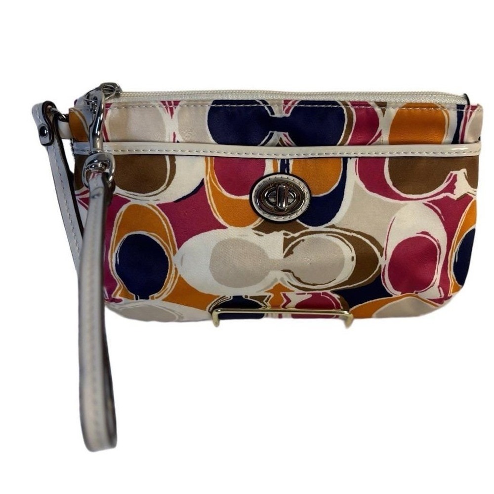 Coach Poppy C Print Satin Wristlet Multicolor White Patent Leather Turnlock